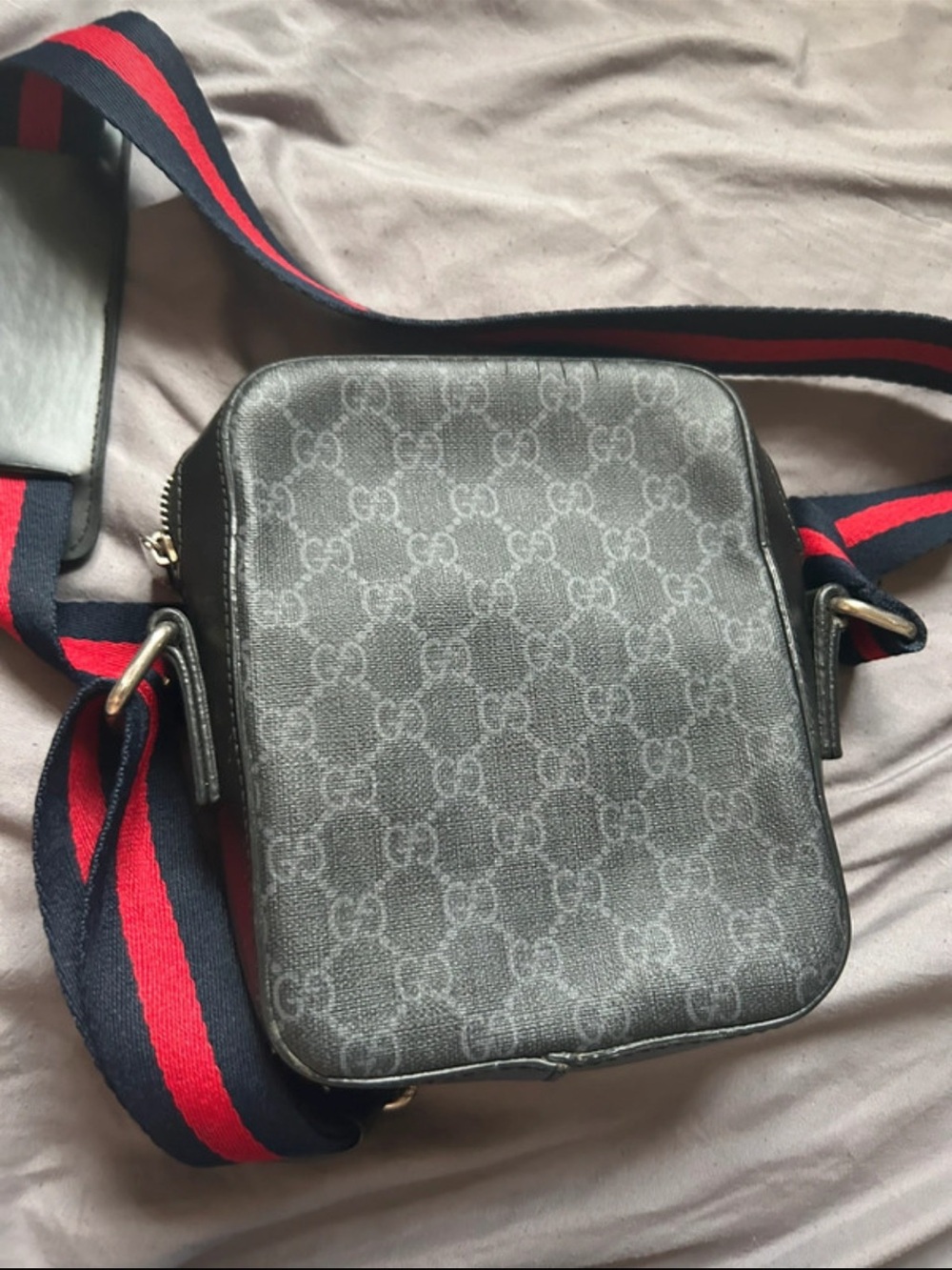 Gucci Black/Gray Monogram Messenger with Red & Navy Web Strap - Picture 2 of 5